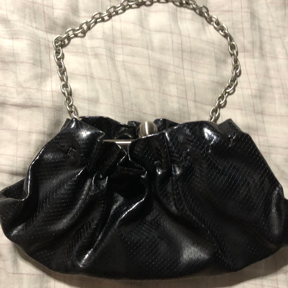 Unlisted (Kenneth Cole) Patent Black & Pleated Snap Clutch Purse w/ Metal Strap